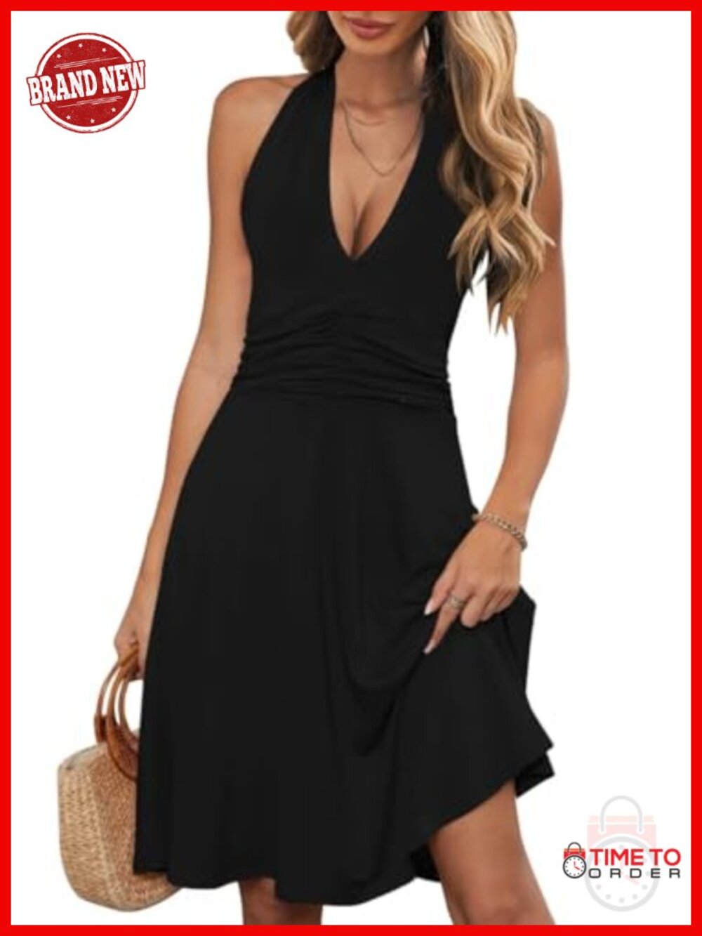 Womens Halter Neck Backless Mini Sundress with Pocket Boho
